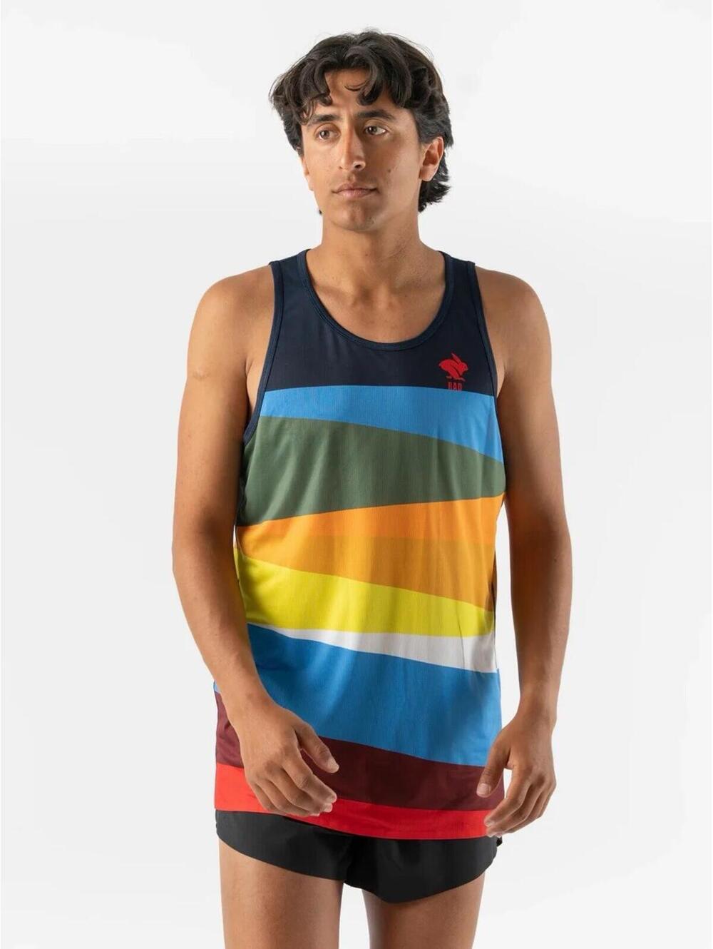Rabbit Race Pace Men’s Large Rainbow Racerback Tank Top Running RAD Striped